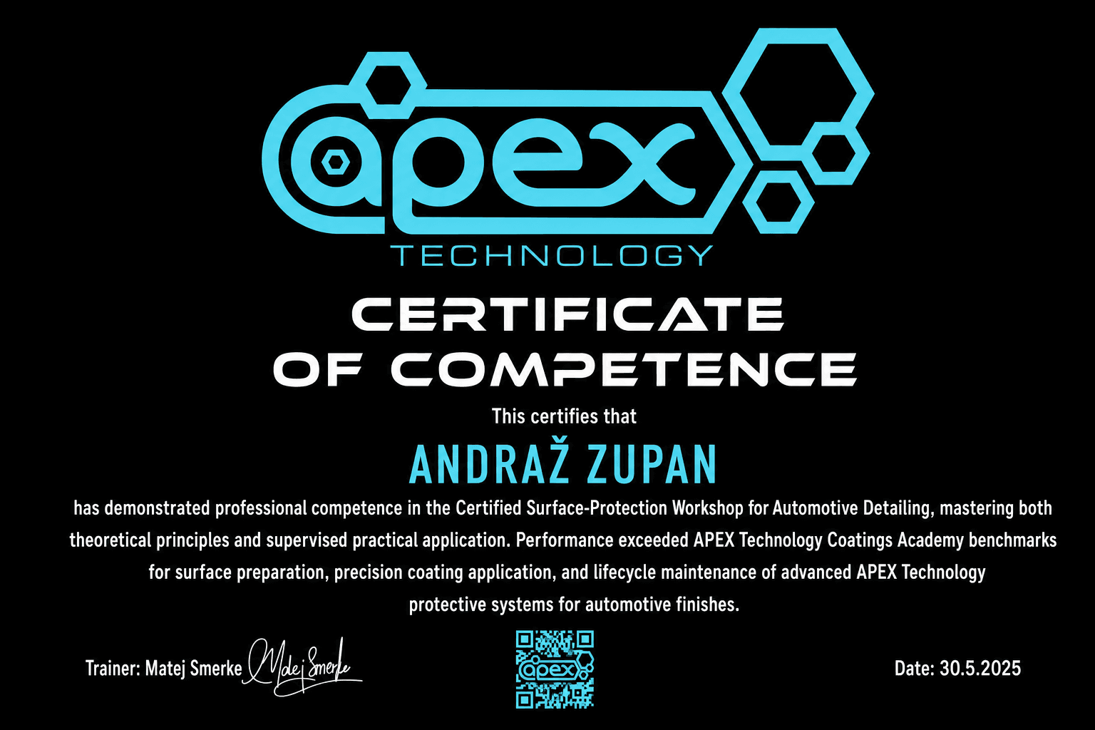 APEX Technology Certificate of Competence — Andraž Zupan